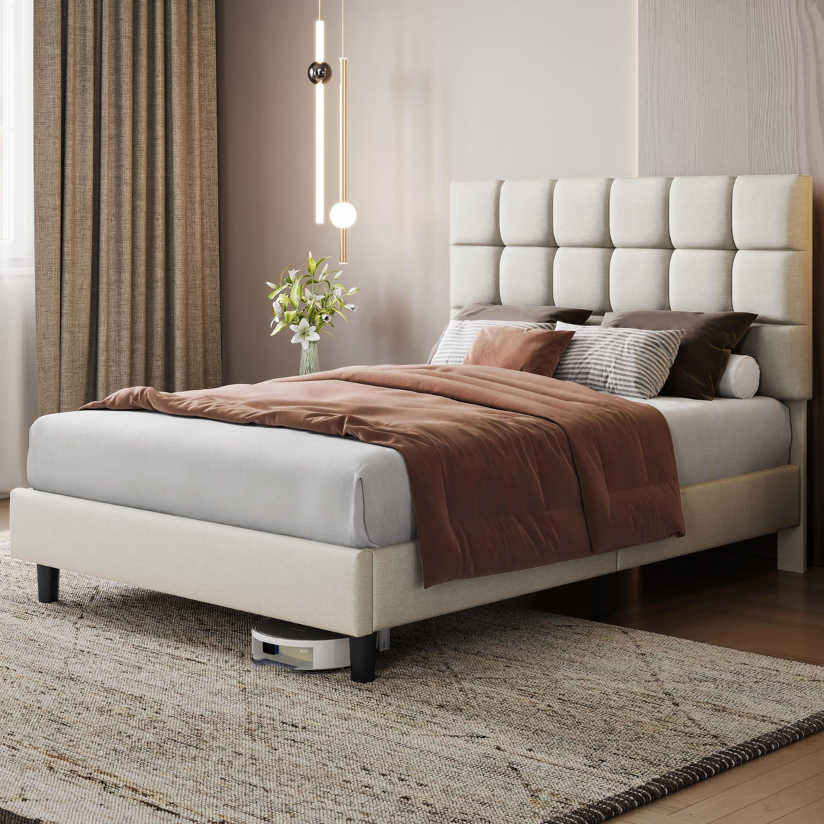 Upholstered Bed Frame with Square Tufted Headboard