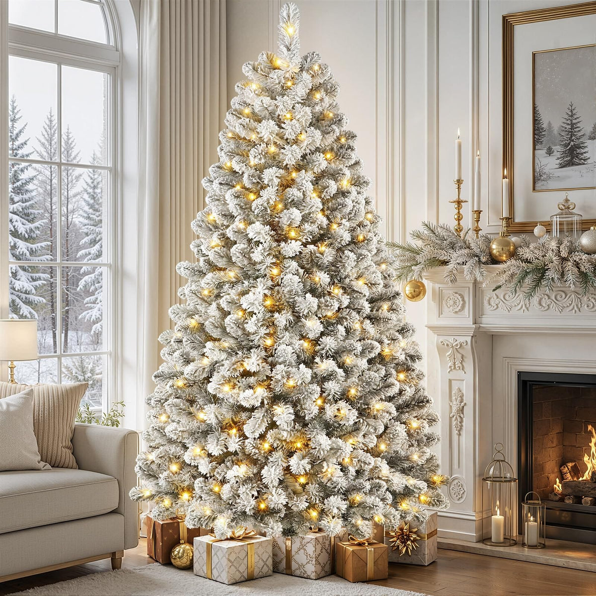 Shano's Pre Lit Christmas Tree Snow Flocked with 13 Modes & 932 Tips