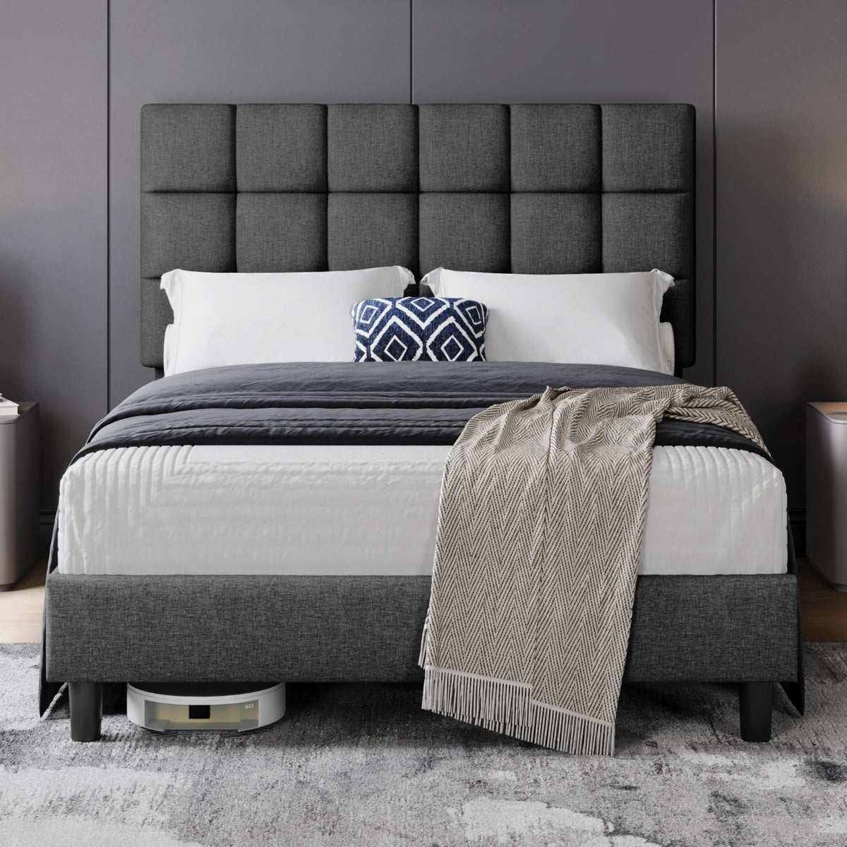 Upholstered Bed Frame with Square Tufted Headboard
