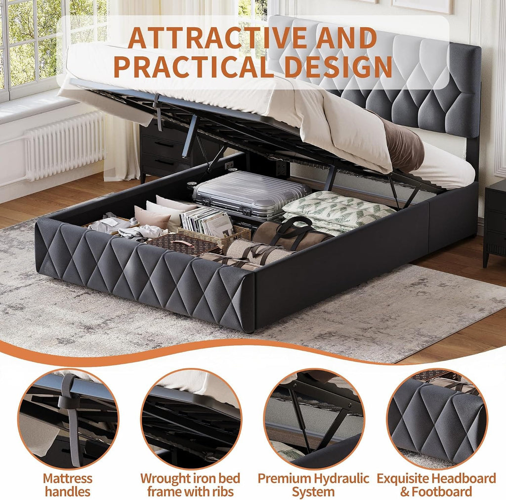 Velvet Ottoman Storage Bed with Wingback Headboard | Hydraulic Lift | 300kg Capacity | Double & King | Grey & Cream