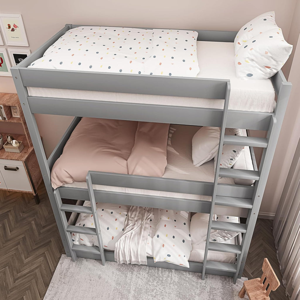 Shano Bunk Bed, 3ft Triple Bunk Bed with Ladder, Wooden Triple Sleeper Kids Bunk Bed, Solid Pine Wood Single Bed Frame for Children, Space Saving High Sleeper Bunk Bed