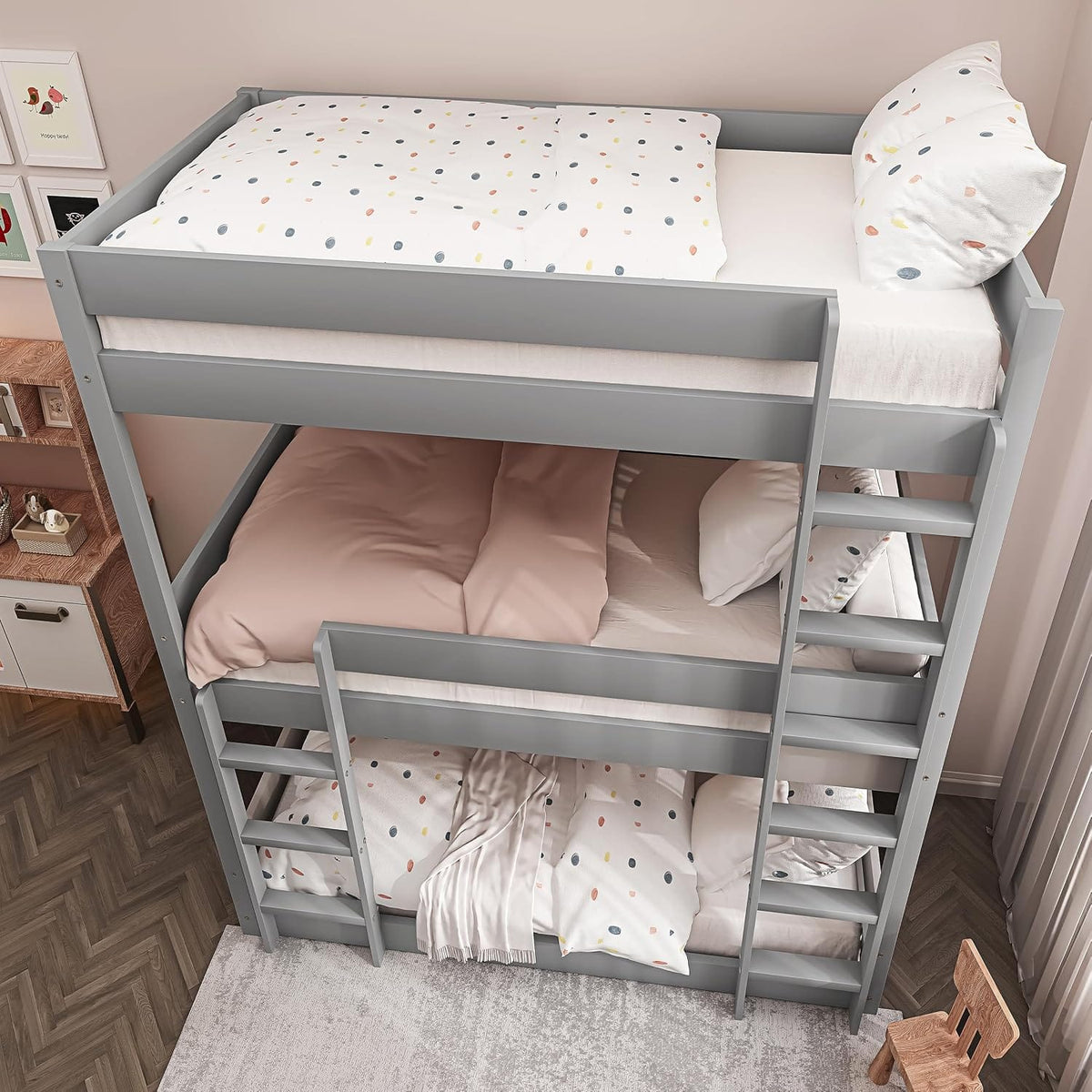 Shano Bunk Bed, 3ft Triple Bunk Bed with Ladder, Wooden Triple Sleeper Kids Bunk Bed, Solid Pine Wood Single Bed Frame for Children, Space Saving High Sleeper Bunk Bed