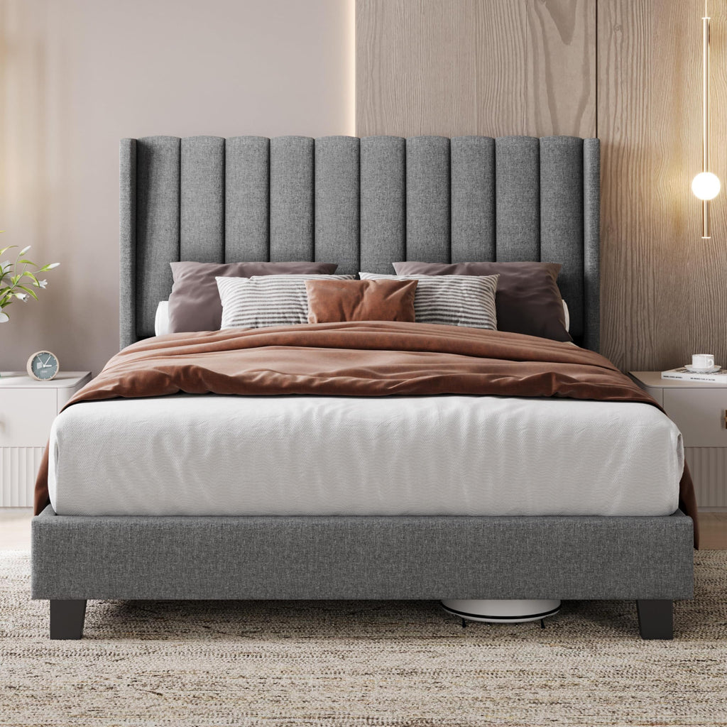 Shano Furniture Channel-Tufted Wing Bed Frame, Double, Beige