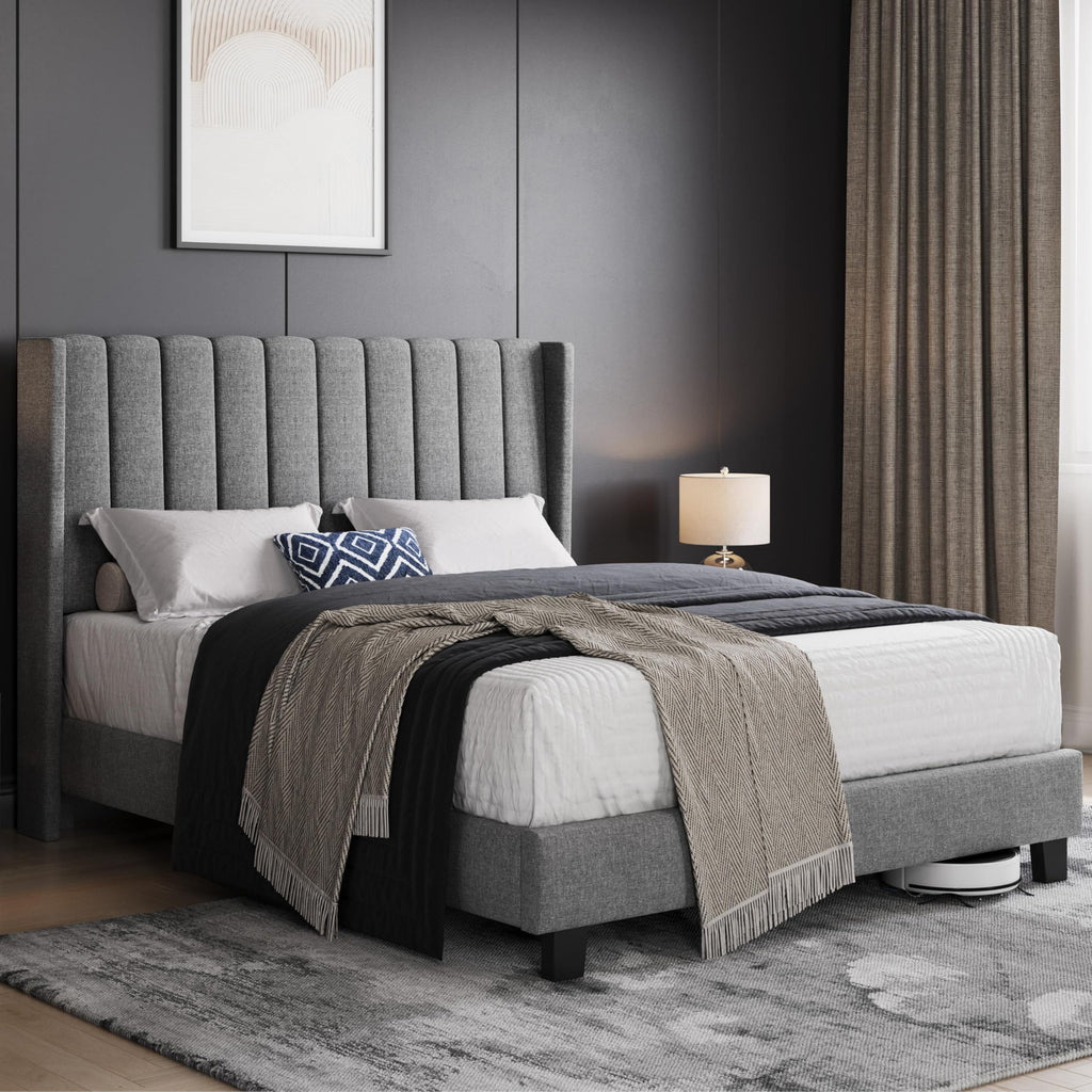 Shano Furniture Channel-Tufted Wing Bed Frame, Double, Beige