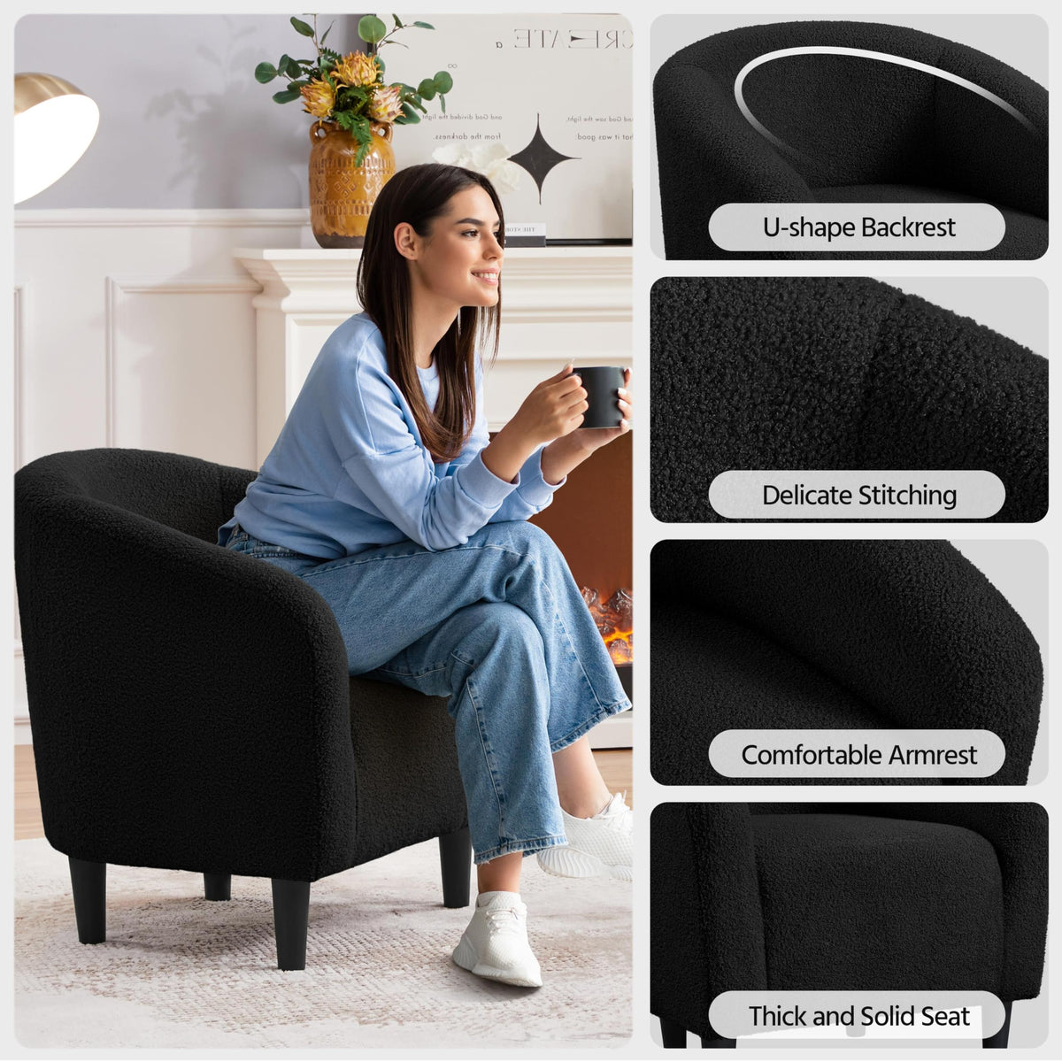 Shano Boucle Accent Tub Chair | Scandinavian Style | 28D Foam | Tapered Wooden Legs | 4 Colours