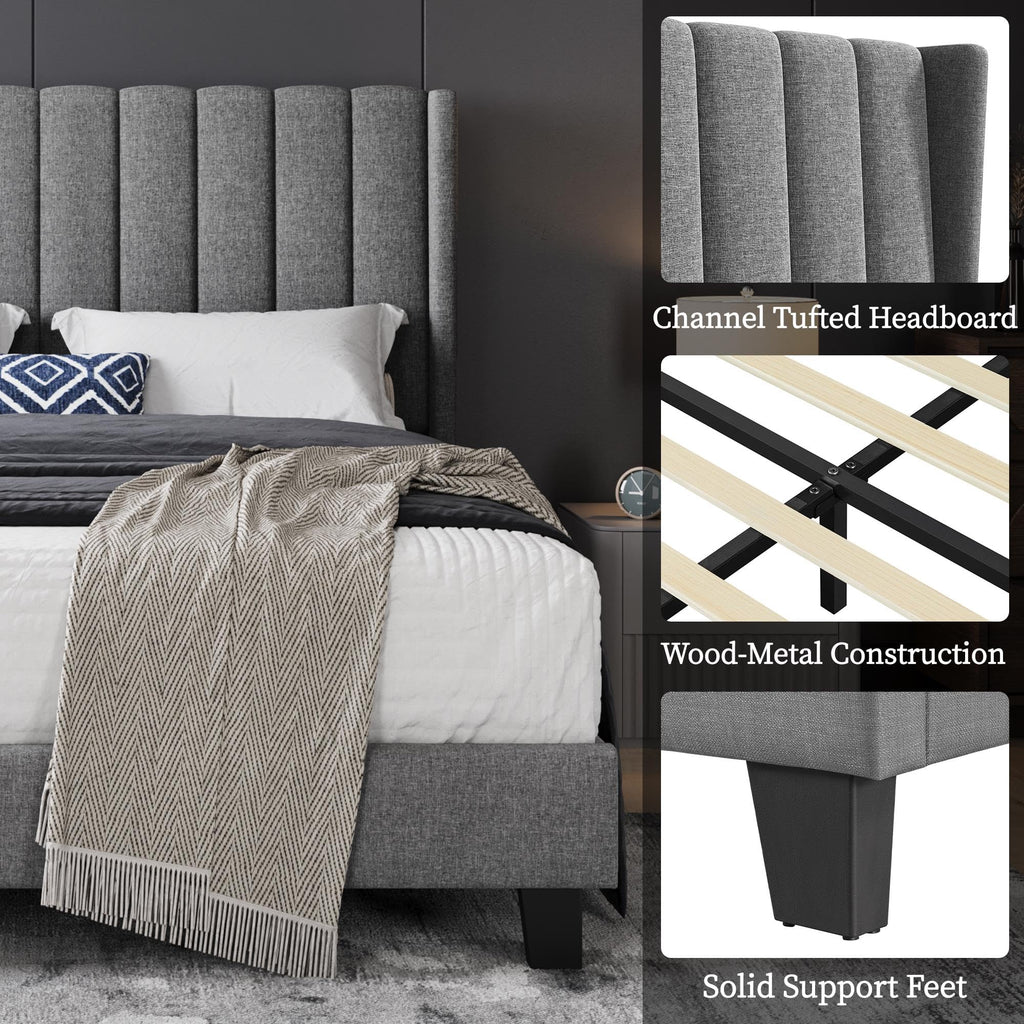 Shano Furniture Channel-Tufted Wing Bed Frame, Double, Beige