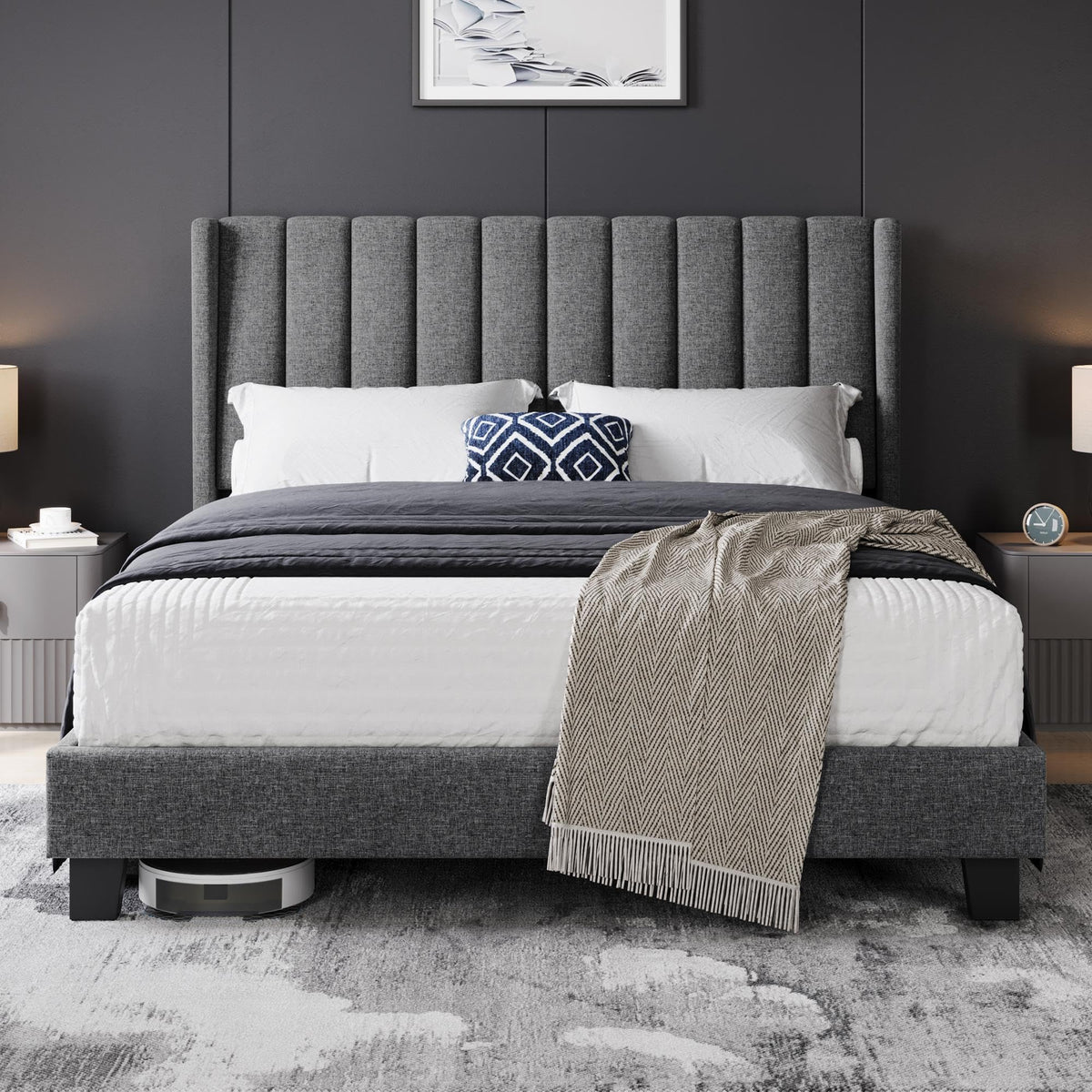 Shano Furniture Channel-Tufted Wing Bed Frame, Double, Beige