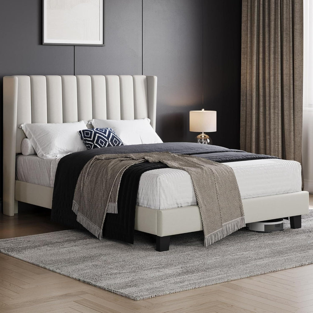 Shano Furniture Channel-Tufted Wing Bed Frame, Double, Beige