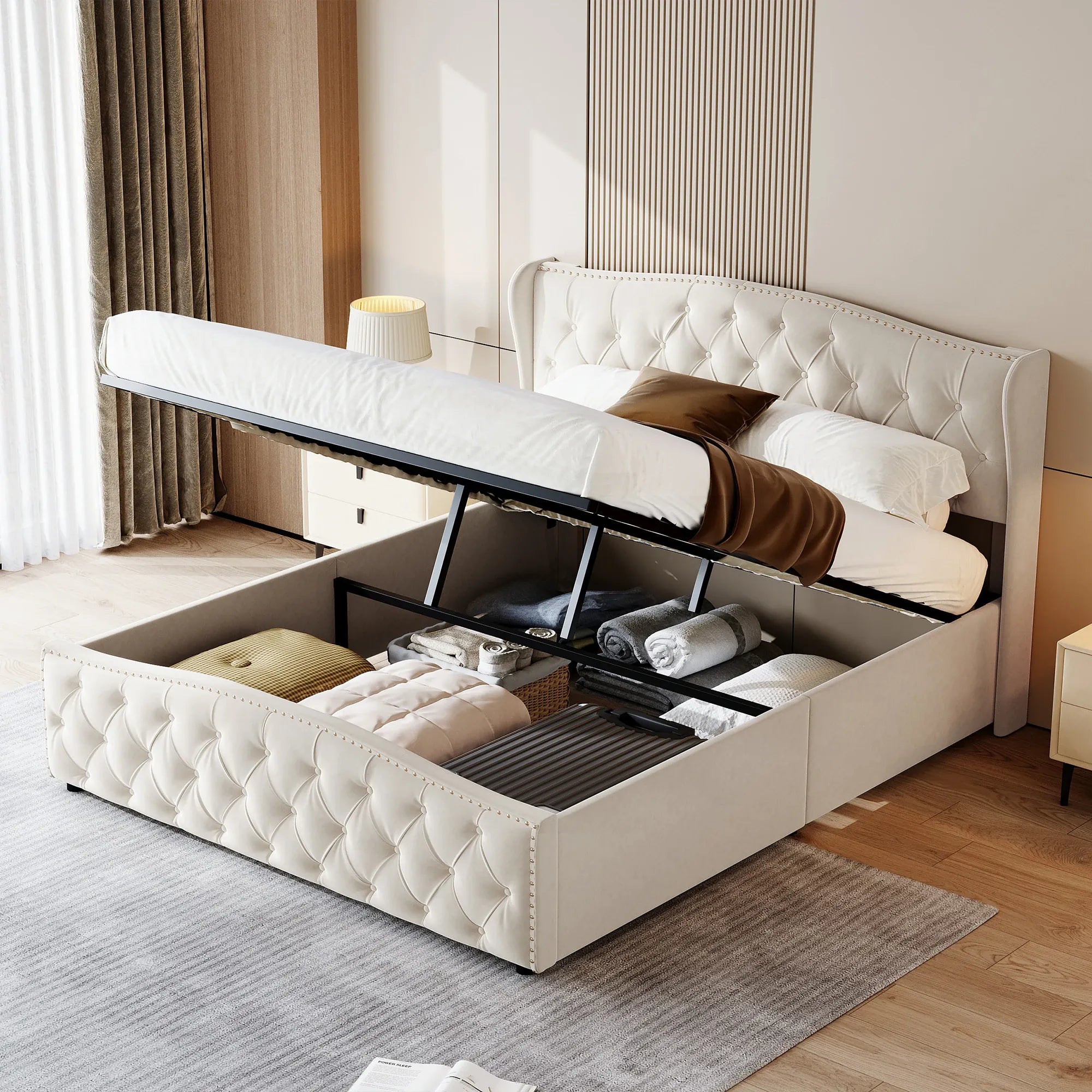 WoodenAura 5ft King Size Double Ottoman Bed Frame, Velvet Upholstered Ottoman Storage Bed with Button-Tufted Wingback Headboard, Hydraulic Lift & Wooden Slats, No Mattress