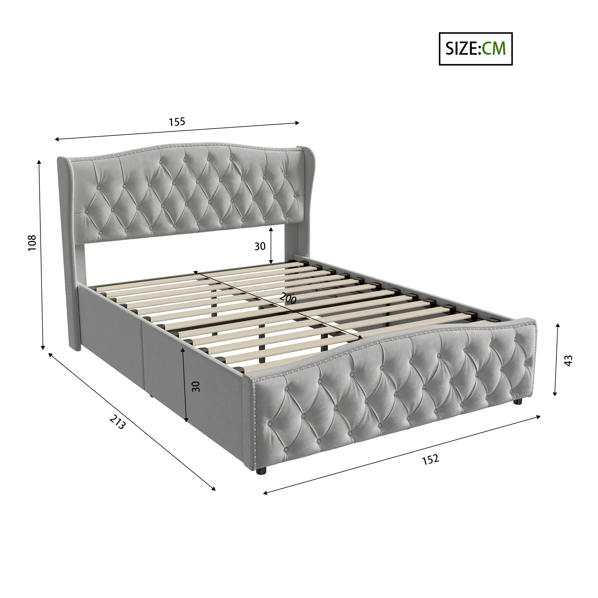 WoodenAura 5ft King Size Double Ottoman Bed Frame, Velvet Upholstered Ottoman Storage Bed with Button-Tufted Wingback Headboard, Hydraulic Lift & Wooden Slats, No Mattress