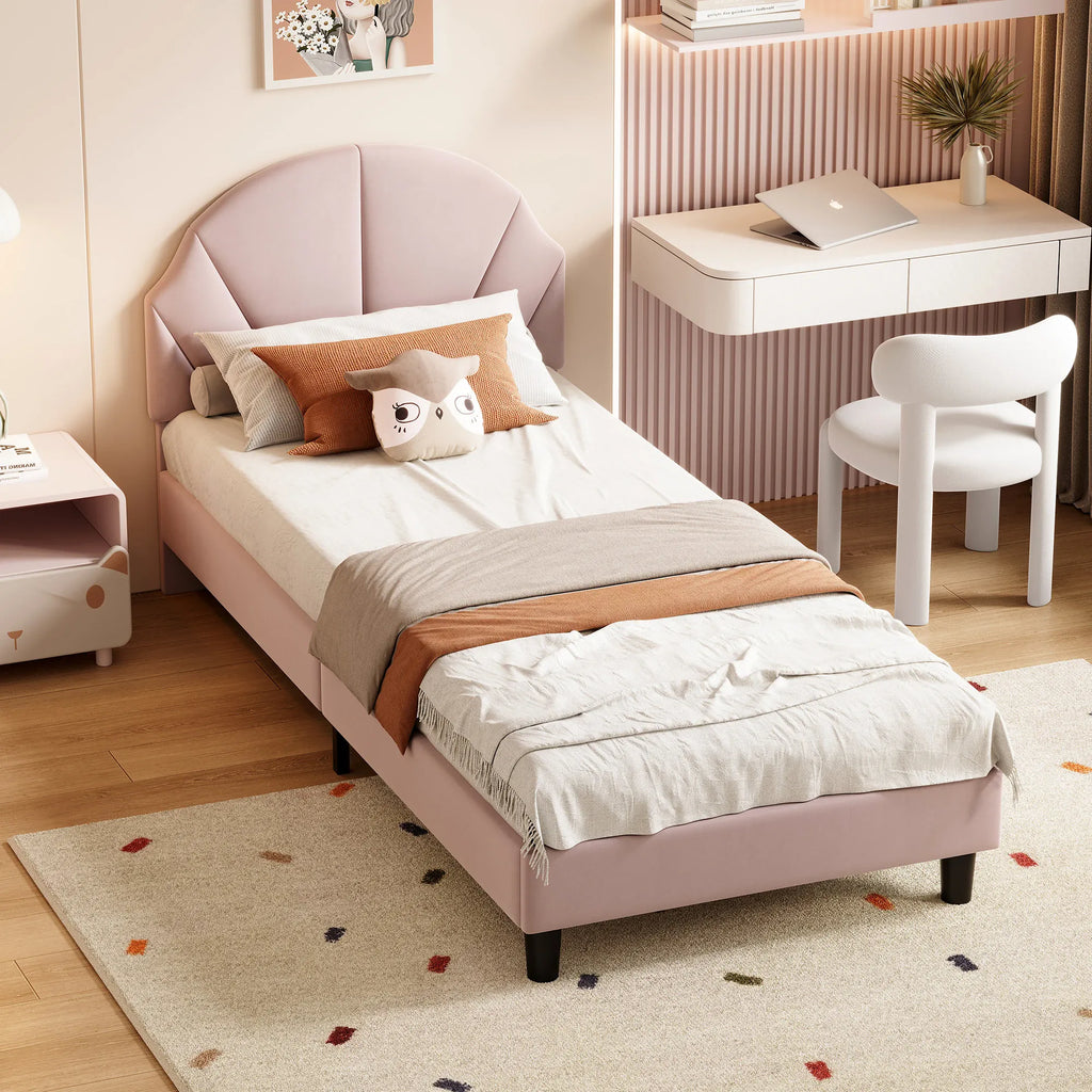 Girls Princess Velvet Single Bed | Flower Headboard | 90x190cm | Slatted Base | Pink