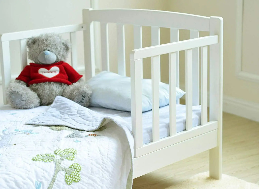 Solid Pine Junior Toddler Bed with Foam Mattress & Safety Rails | White | Ages 2–5