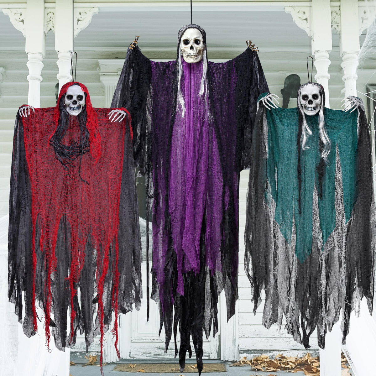 JOYIN 3 Pack Hanging Halloween Skeleton Ghosts Decorations, Grim Reapers for Halloween Outdoor Decorations