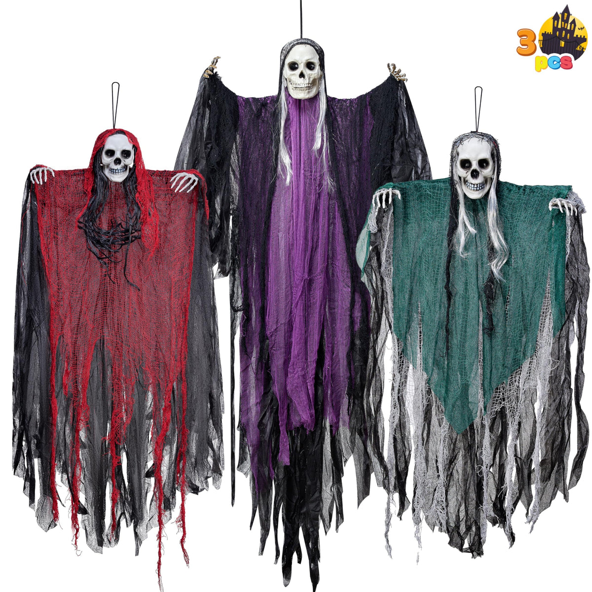 JOYIN 3 Pack Hanging Halloween Skeleton Ghosts Decorations, Grim Reapers for Halloween Outdoor Decorations
