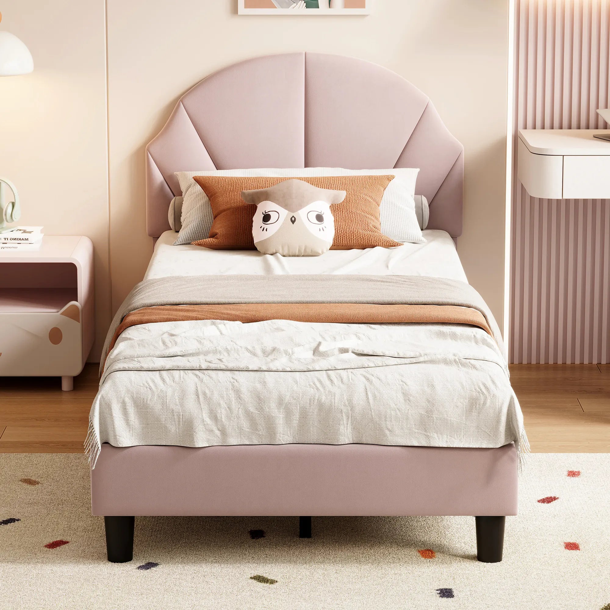 Girls Princess Velvet Single Bed | Flower Headboard | 90x190cm | Slatted Base | Pink