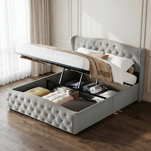 Bed, Velvet Upholstered with Wave Shaped Headboard, Diamond Tufted and Nailhead Trim, Ottoman Lift Storage, 150x200cm 5FT King Size Frame with Wooden Slats, for Bedroom, for Adults and Families