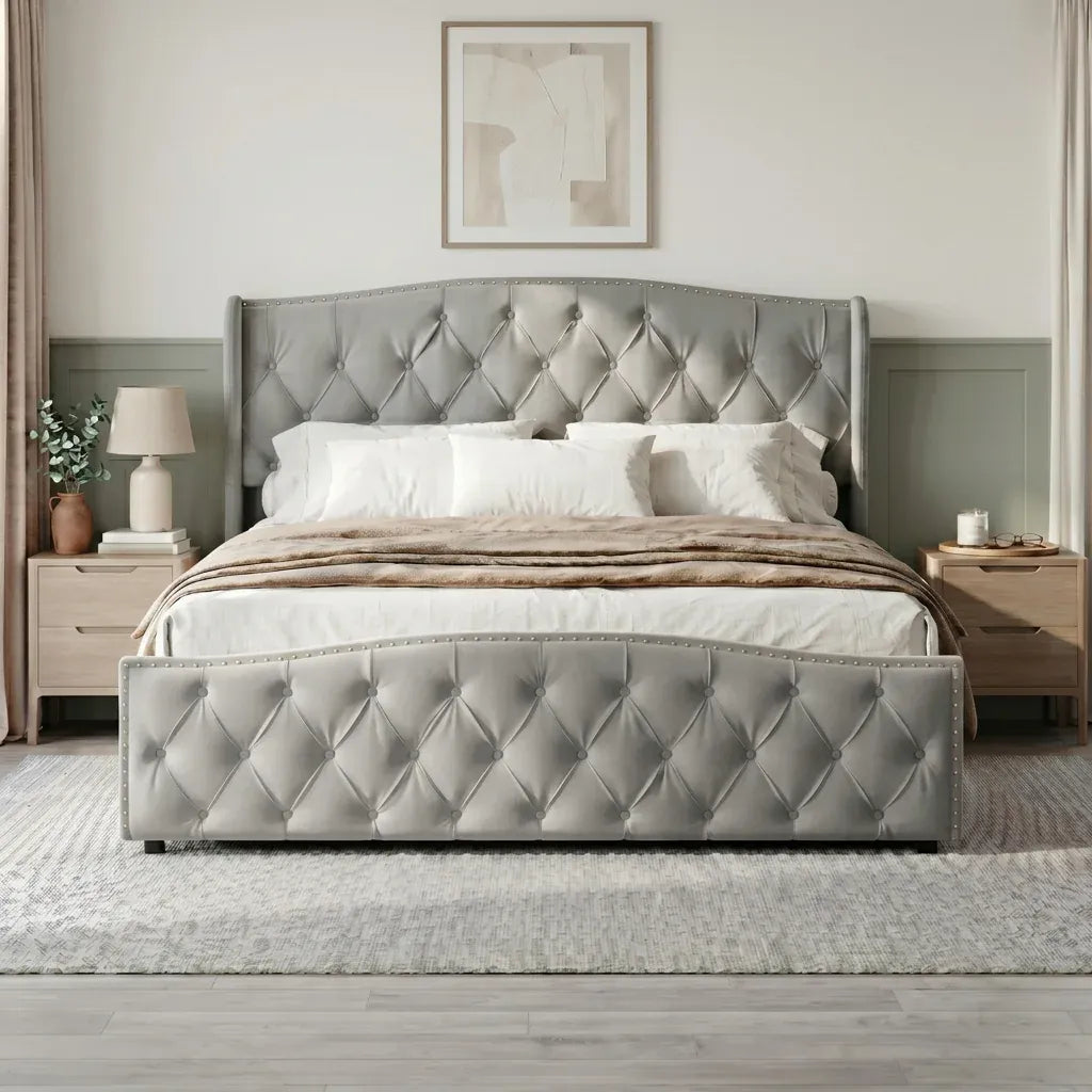 WoodenAura 5ft King Size Double Ottoman Bed Frame, Velvet Upholstered Ottoman Storage Bed with Button-Tufted Wingback Headboard, Hydraulic Lift & Wooden Slats, No Mattress