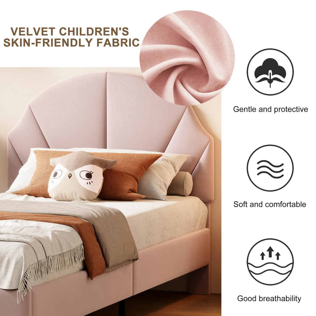 Girls Princess Velvet Single Bed | Flower Headboard | 90x190cm | Slatted Base | Pink