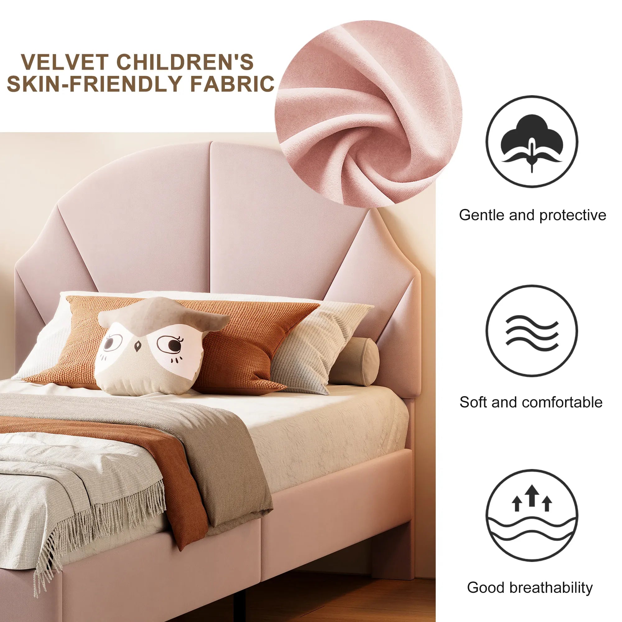 Girls Princess Velvet Single Bed | Flower Headboard | 90x190cm | Slatted Base | Pink