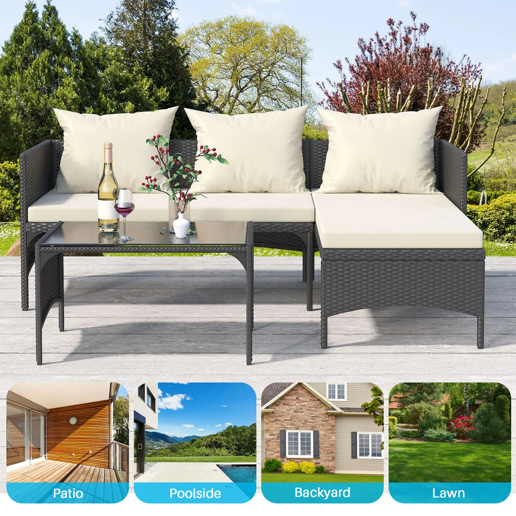 4-Seater Garden Corner Sofa Set — All-Weather PE Rattan with Glass Coffee Table, Black or Grey