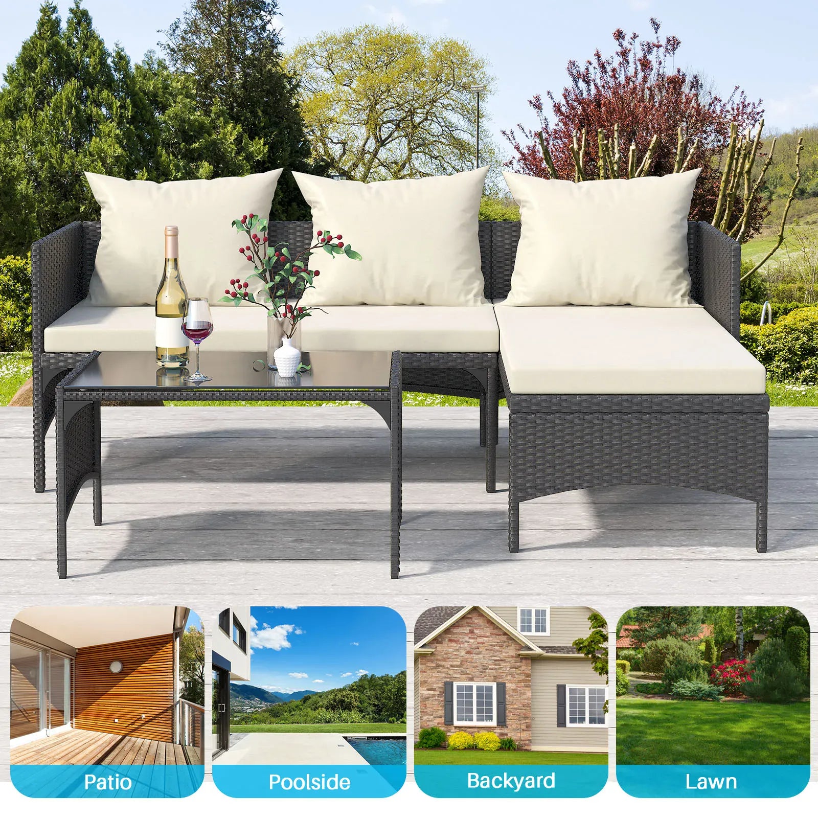 4-Seater Garden Corner Sofa Set — All-Weather PE Rattan with Glass Coffee Table, Black or Grey