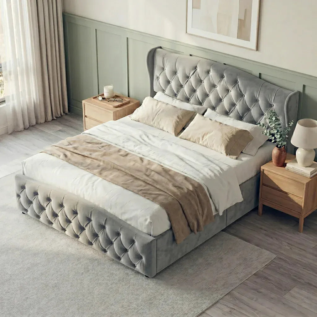 WoodenAura 5ft King Size Double Ottoman Bed Frame, Velvet Upholstered Ottoman Storage Bed with Button-Tufted Wingback Headboard, Hydraulic Lift & Wooden Slats, No Mattress