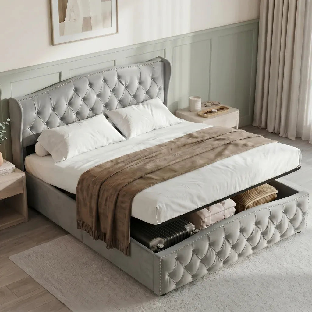 WoodenAura 5ft King Size Double Ottoman Bed Frame, Velvet Upholstered Ottoman Storage Bed with Button-Tufted Wingback Headboard, Hydraulic Lift & Wooden Slats, No Mattress