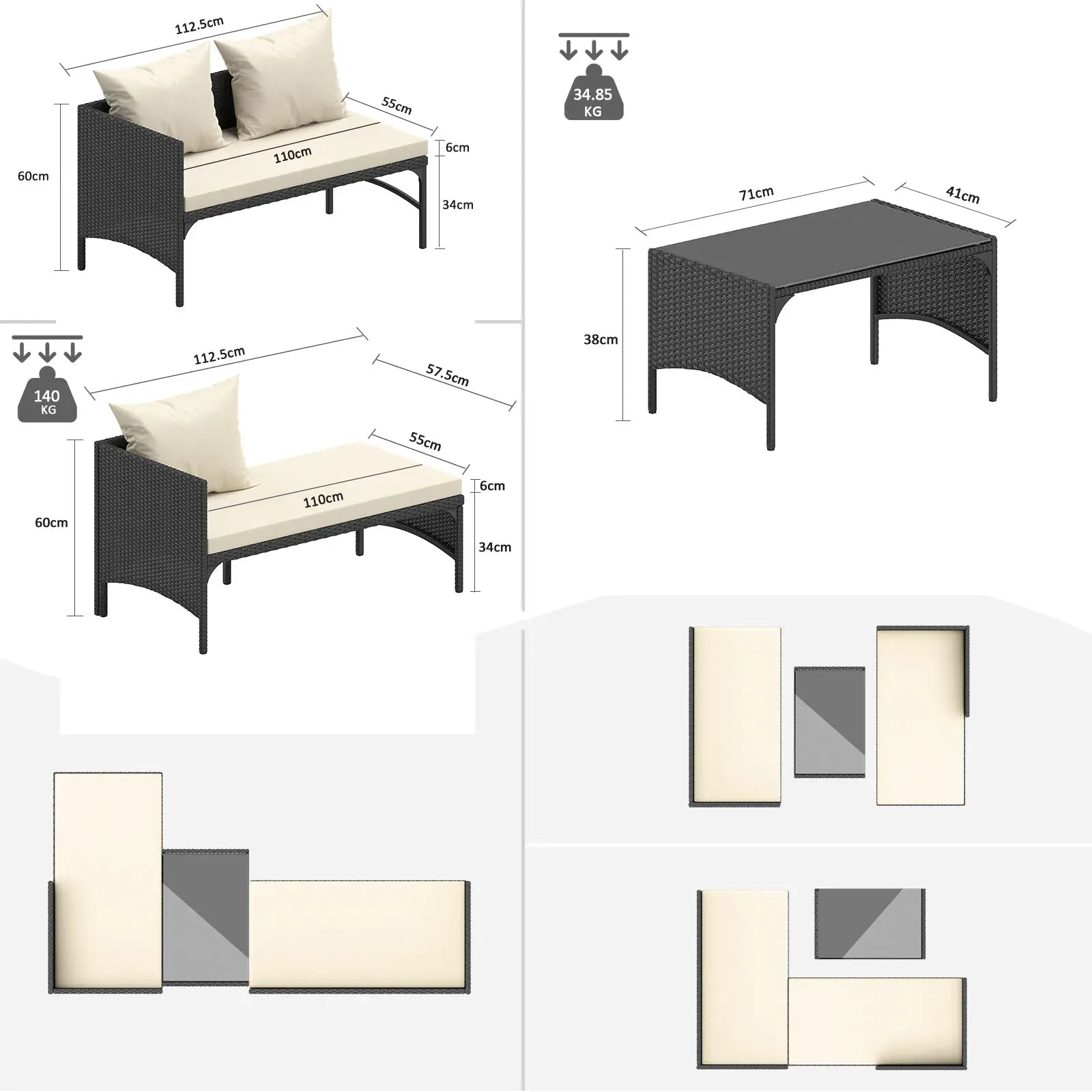 4-Seater Garden Corner Sofa Set — All-Weather PE Rattan with Glass Coffee Table, Black or Grey