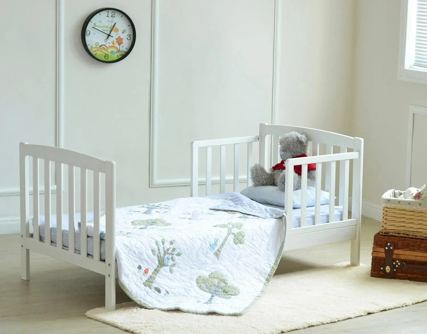 Solid Pine Junior Toddler Bed with Foam Mattress & Safety Rails | White | Ages 2–5