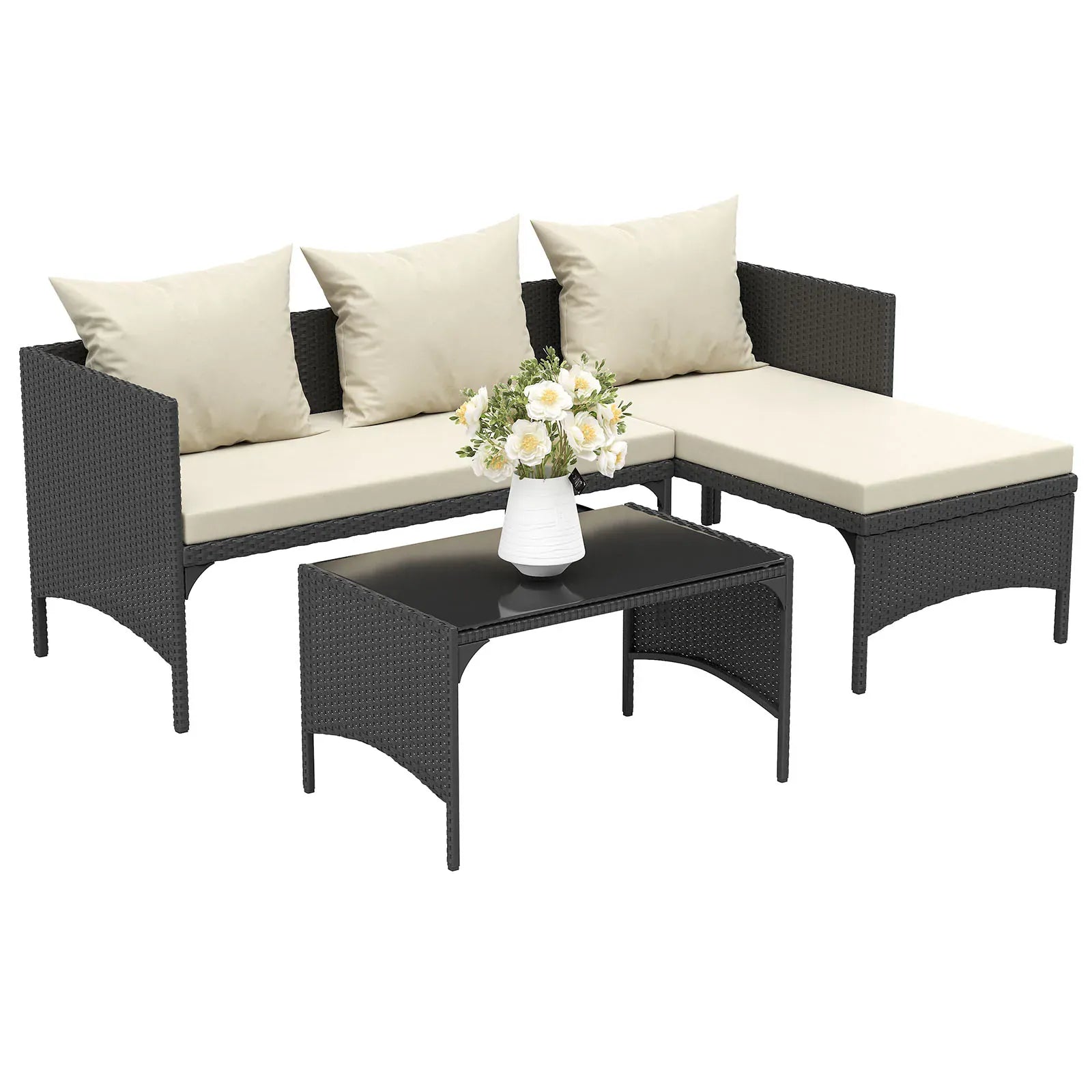 4-Seater Garden Corner Sofa Set — All-Weather PE Rattan with Glass Coffee Table, Black or Grey