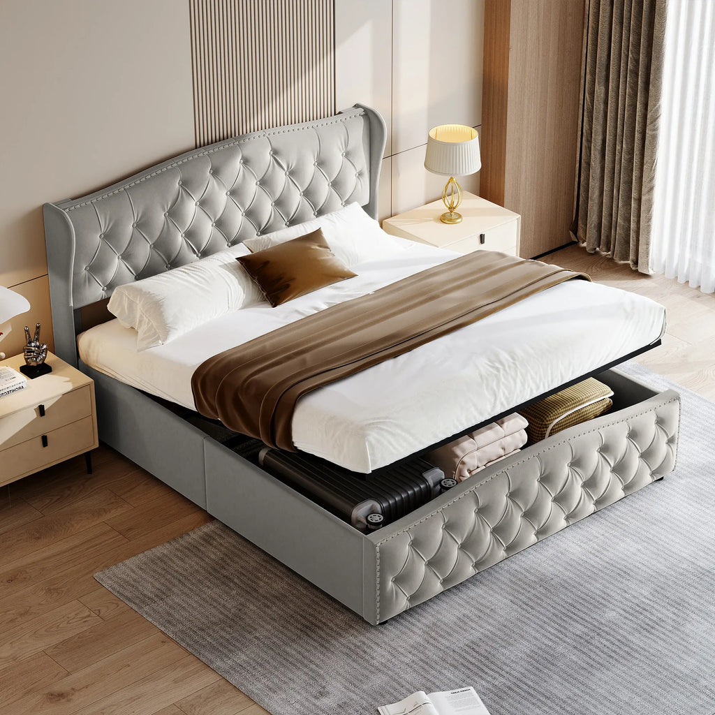 WoodenAura 5ft King Size Double Ottoman Bed Frame, Velvet Upholstered Ottoman Storage Bed with Button-Tufted Wingback Headboard, Hydraulic Lift & Wooden Slats, No Mattress