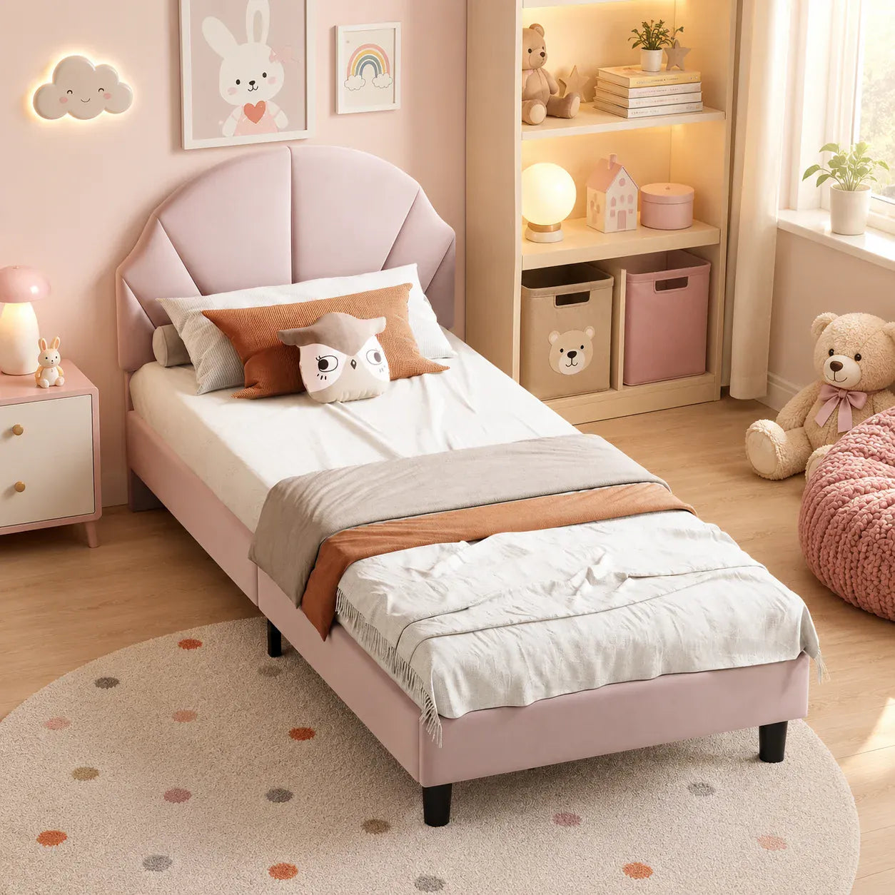 Girls Princess Velvet Single Bed | Flower Headboard | 90x190cm | Slatted Base | Pink