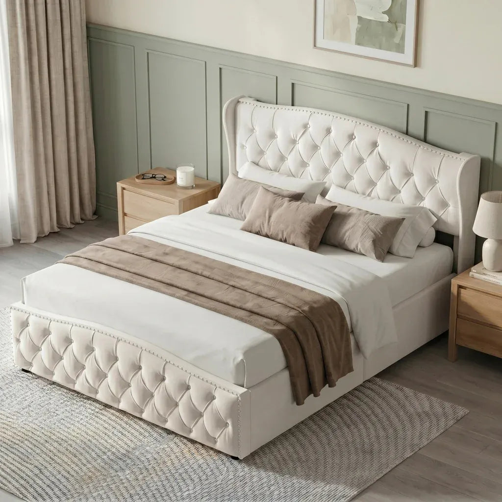WoodenAura 5ft King Size Double Ottoman Bed Frame, Velvet Upholstered Ottoman Storage Bed with Button-Tufted Wingback Headboard, Hydraulic Lift & Wooden Slats, No Mattress