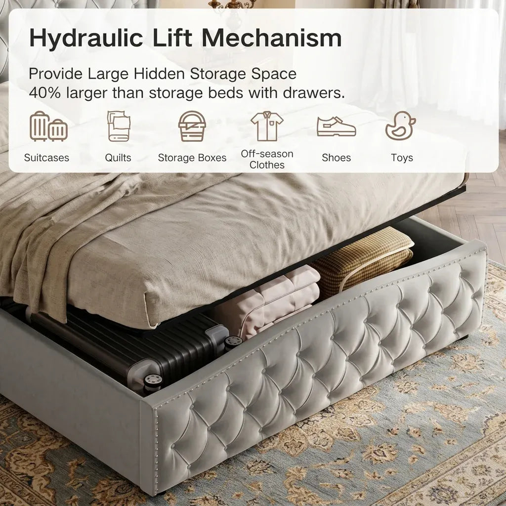 WoodenAura 5ft King Size Double Ottoman Bed Frame, Velvet Upholstered Ottoman Storage Bed with Button-Tufted Wingback Headboard, Hydraulic Lift & Wooden Slats, No Mattress