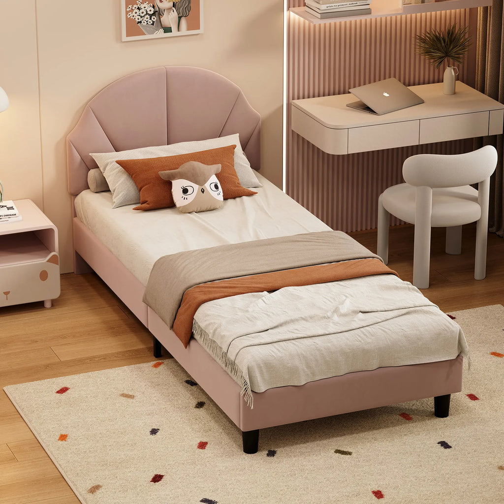 Girls Princess Velvet Single Bed | Flower Headboard | 90x190cm | Slatted Base | Pink