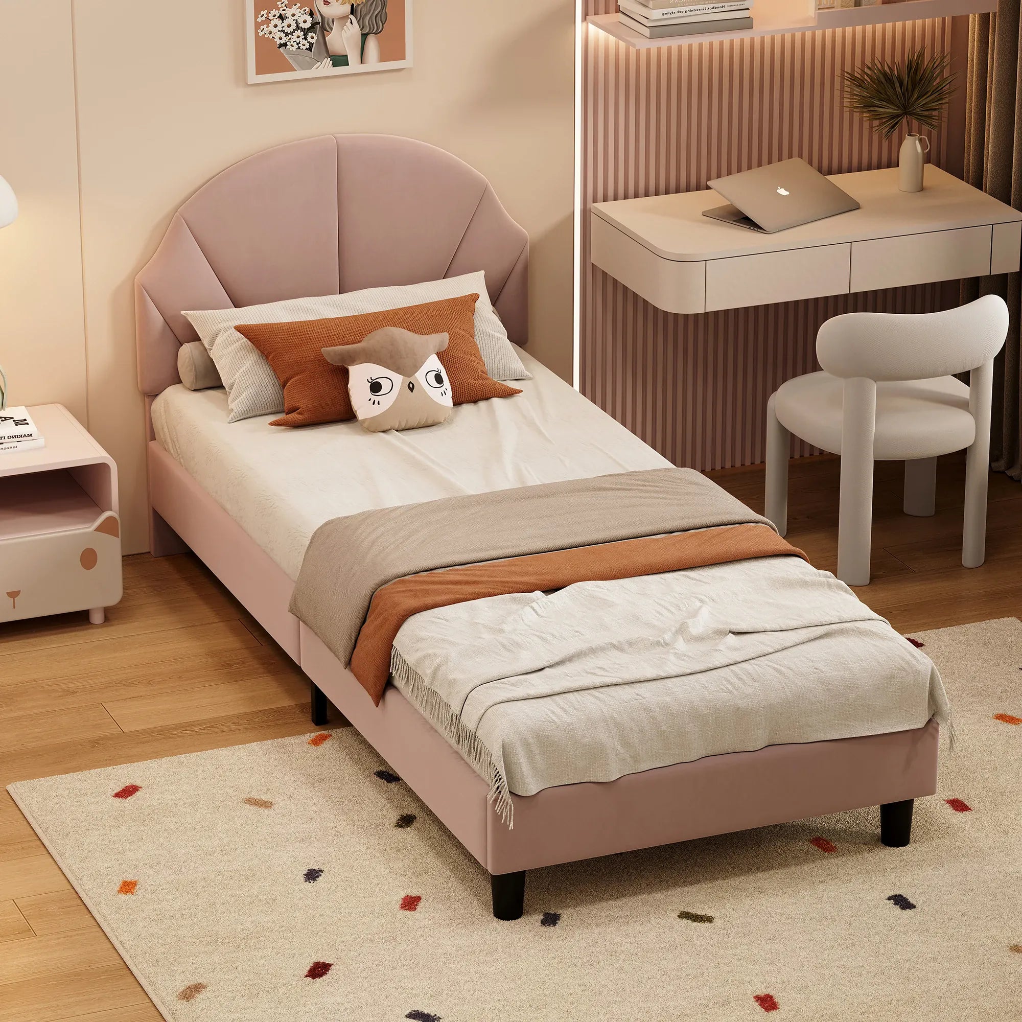 Girls Princess Velvet Single Bed | Flower Headboard | 90x190cm | Slatted Base | Pink