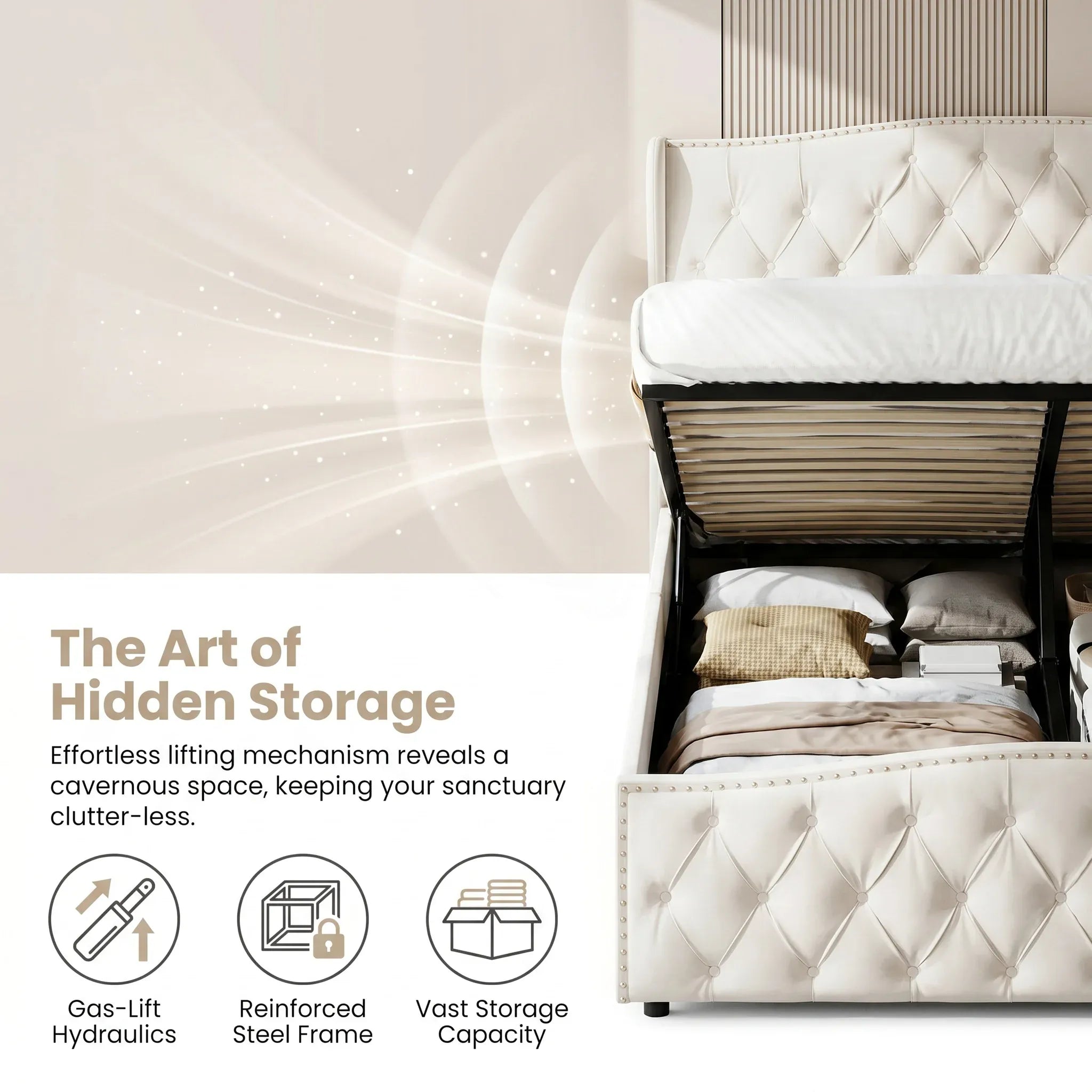 Bed, Velvet Upholstered with Wave Shaped Headboard, Diamond Tufted and Nailhead Trim, Ottoman Lift Storage, 150x200cm 5FT King Size Frame with Wooden Slats, for Bedroom, for Adults and Families
