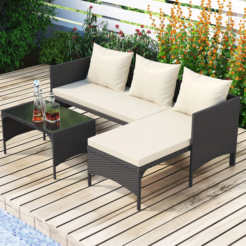 4-Seater Garden Corner Sofa Set — All-Weather PE Rattan with Glass Coffee Table, Black or Grey