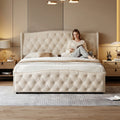 Bed, Velvet Upholstered with Wave Shaped Headboard, Diamond Tufted and Nailhead Trim, Ottoman Lift Storage, 150x200cm 5FT King Size Frame with Wooden Slats, for Bedroom, for Adults and Families