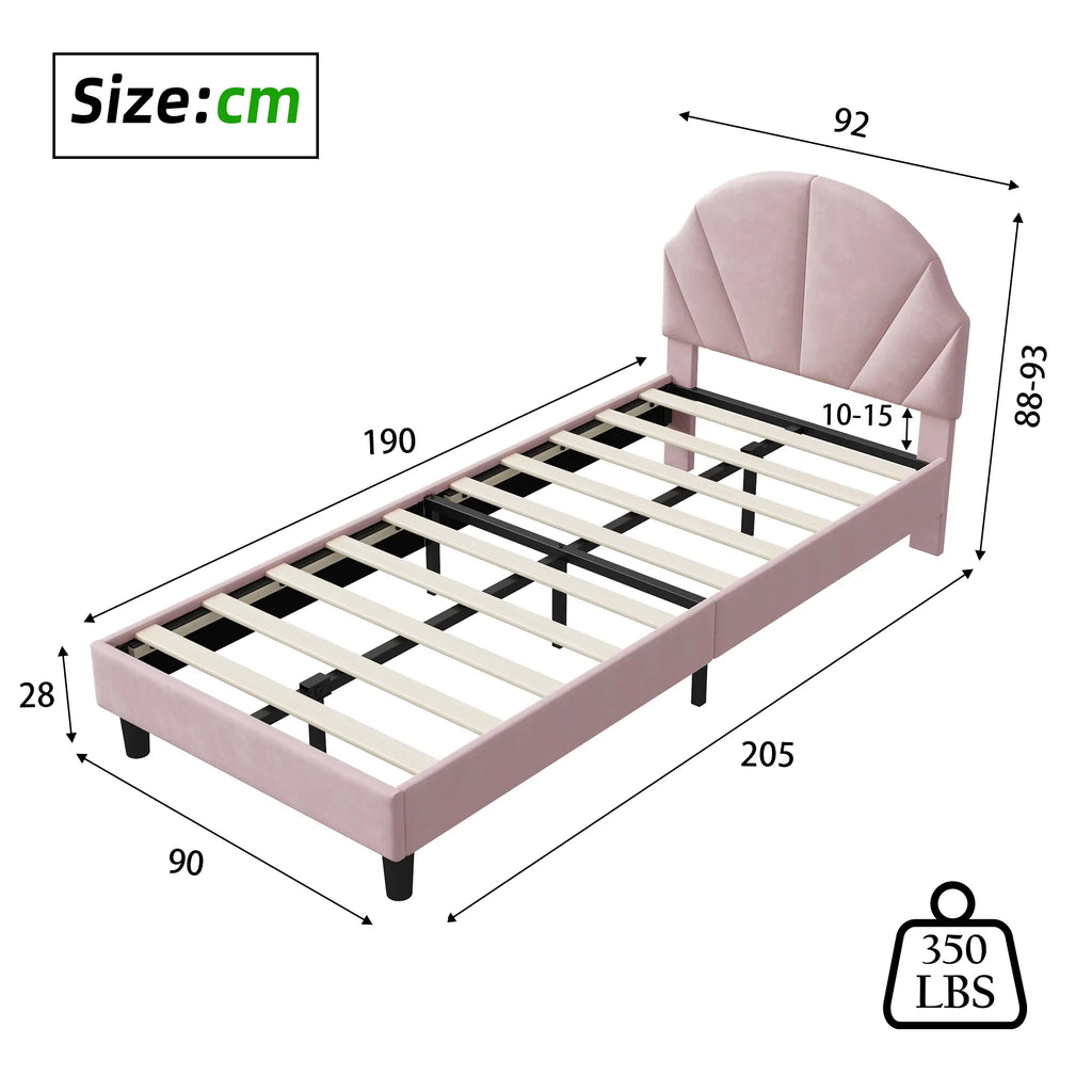 Girls Princess Velvet Single Bed | Flower Headboard | 90x190cm | Slatted Base | Pink