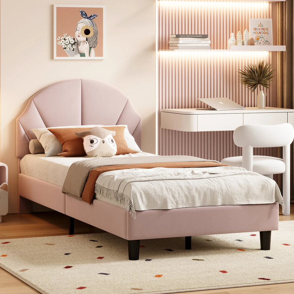 Girls Princess Velvet Single Bed | Flower Headboard | 90x190cm | Slatted Base | Pink