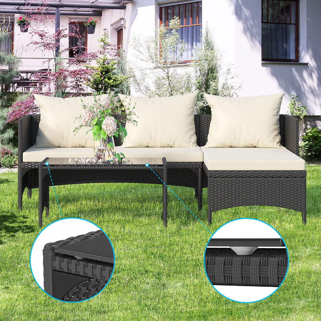 4-Seater Garden Corner Sofa Set — All-Weather PE Rattan with Glass Coffee Table, Black or Grey