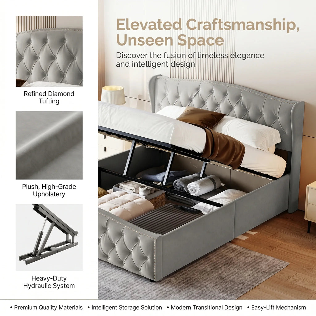 Bed, Velvet Upholstered with Wave Shaped Headboard, Diamond Tufted and Nailhead Trim, Ottoman Lift Storage, 150x200cm 5FT King Size Frame with Wooden Slats, for Bedroom, for Adults and Families