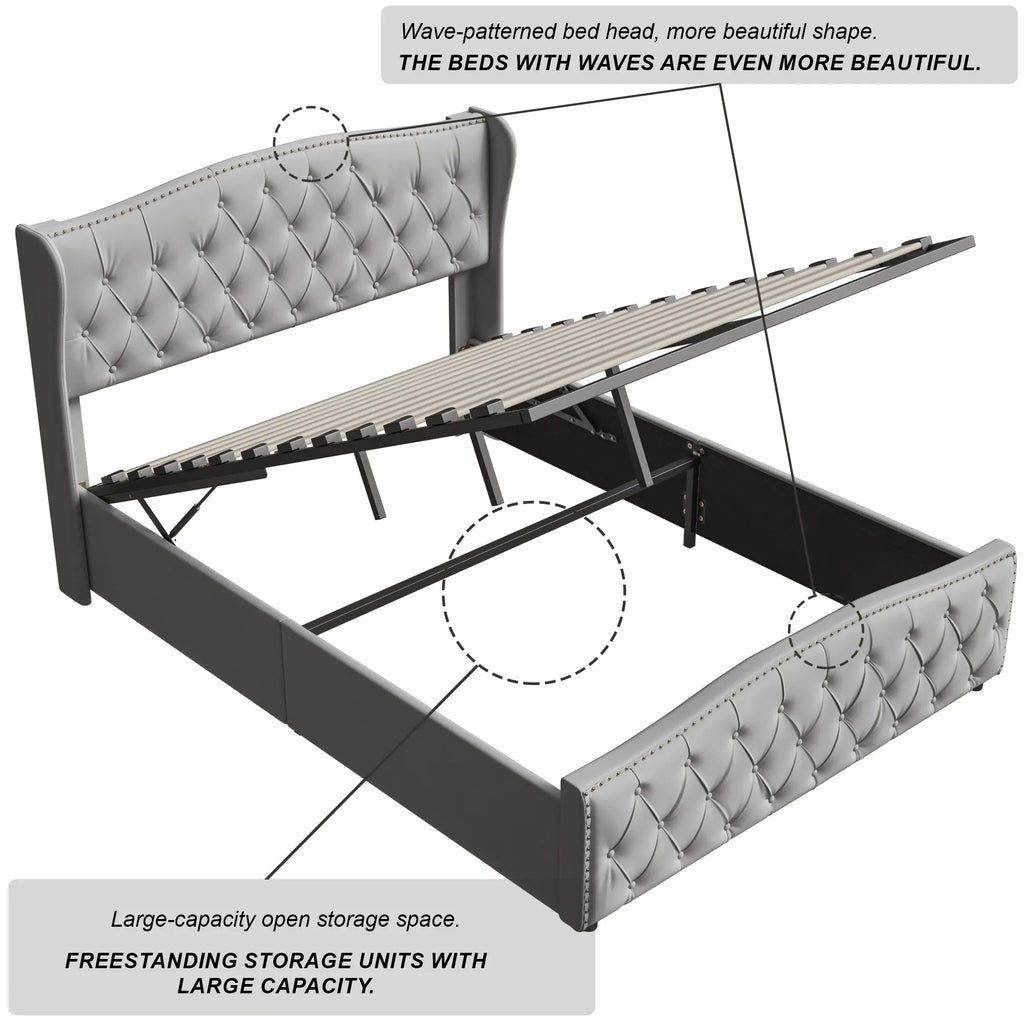 WoodenAura 5ft King Size Double Ottoman Bed Frame, Velvet Upholstered Ottoman Storage Bed with Button-Tufted Wingback Headboard, Hydraulic Lift & Wooden Slats, No Mattress