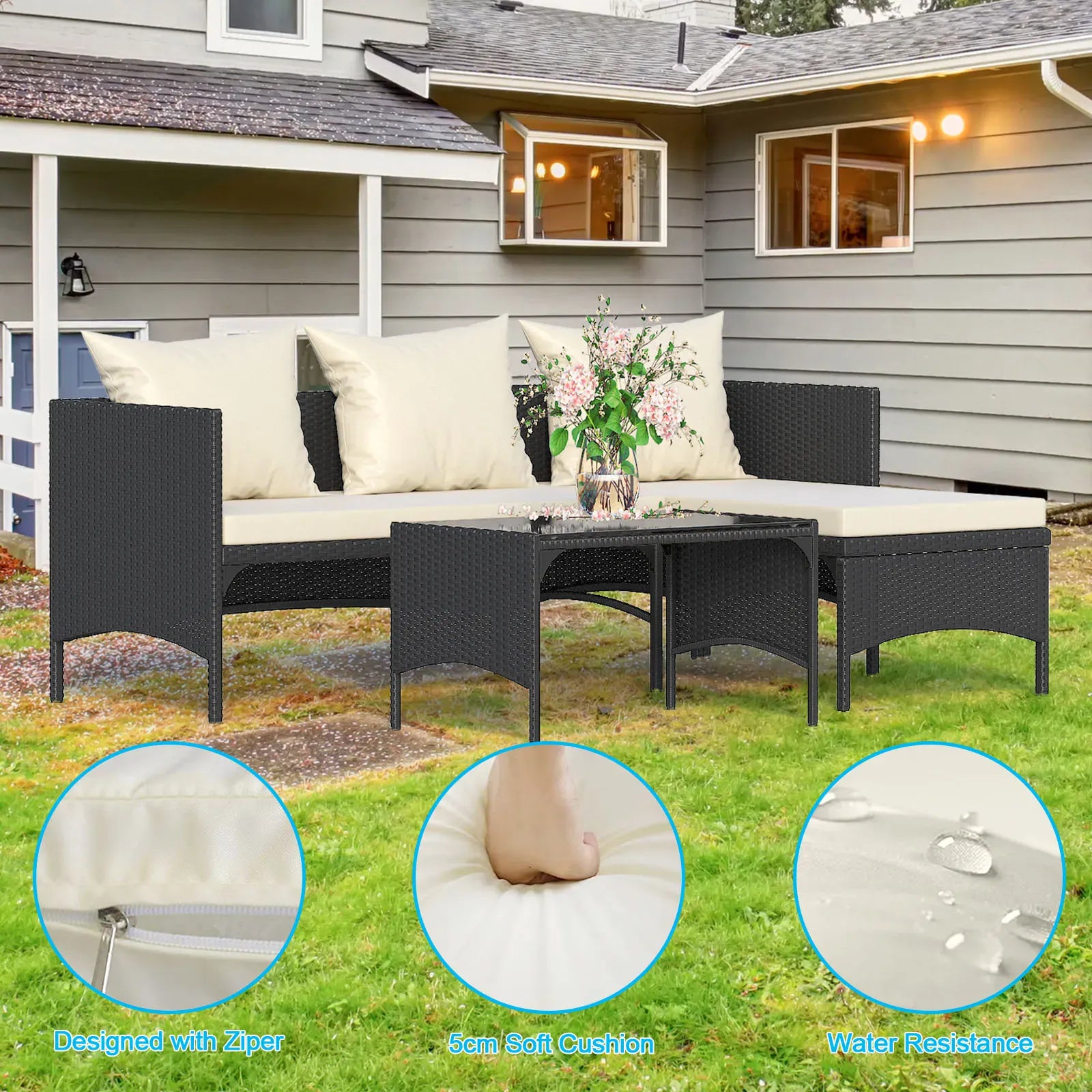 4-Seater Garden Corner Sofa Set — All-Weather PE Rattan with Glass Coffee Table, Black or Grey