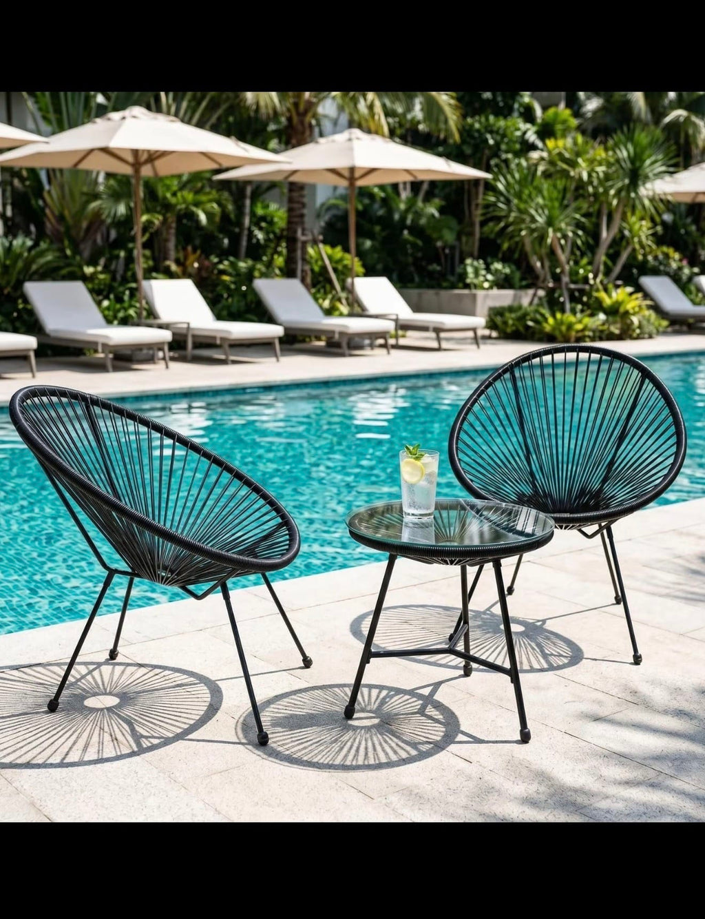 Alivio 2-Seater Acapulco-Style Bistro Set with Glass-Top Table — Black