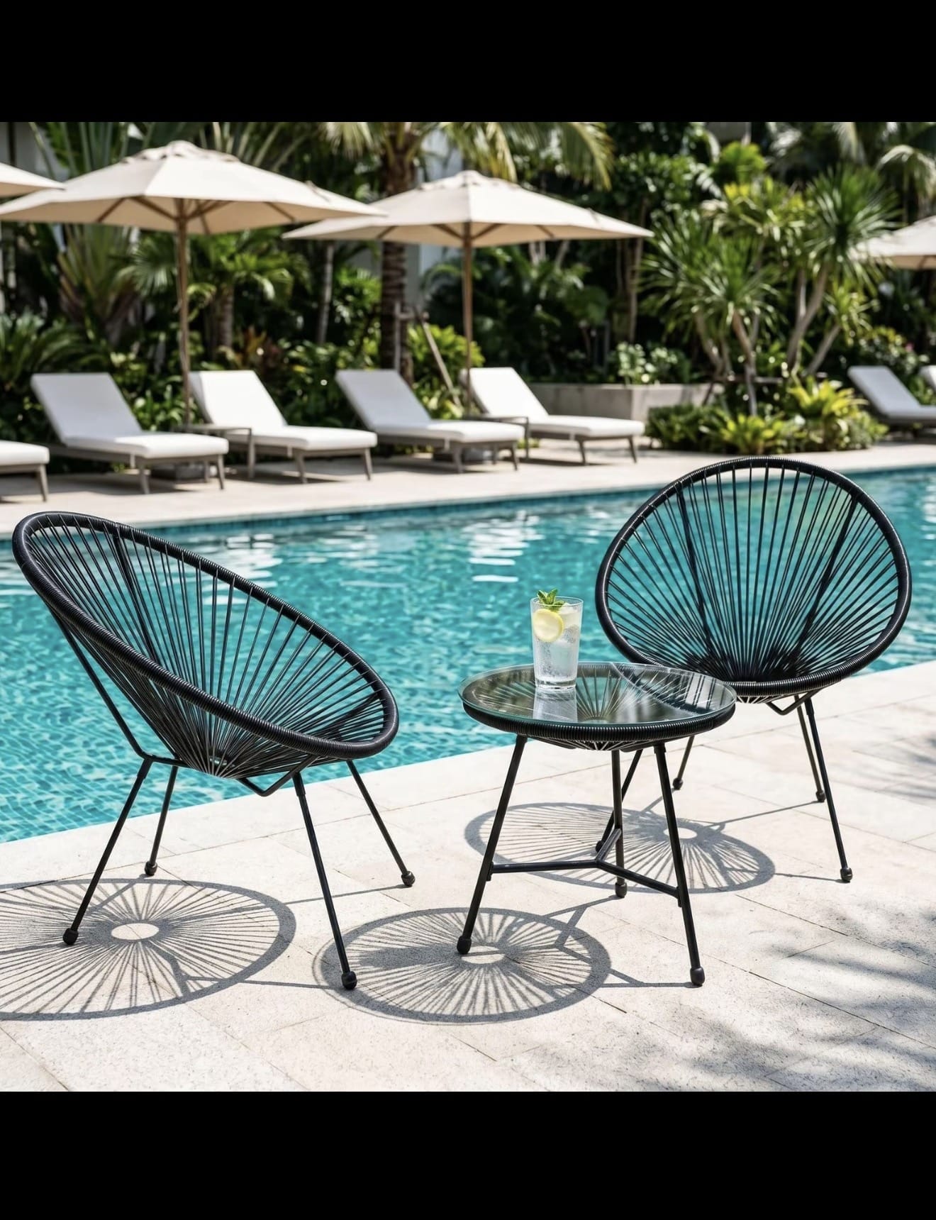 Alivio 2-Seater Acapulco-Style Bistro Set with Glass-Top Table — Black