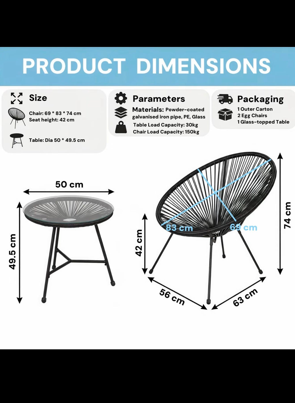 Alivio 2-Seater Acapulco-Style Bistro Set with Glass-Top Table — Black