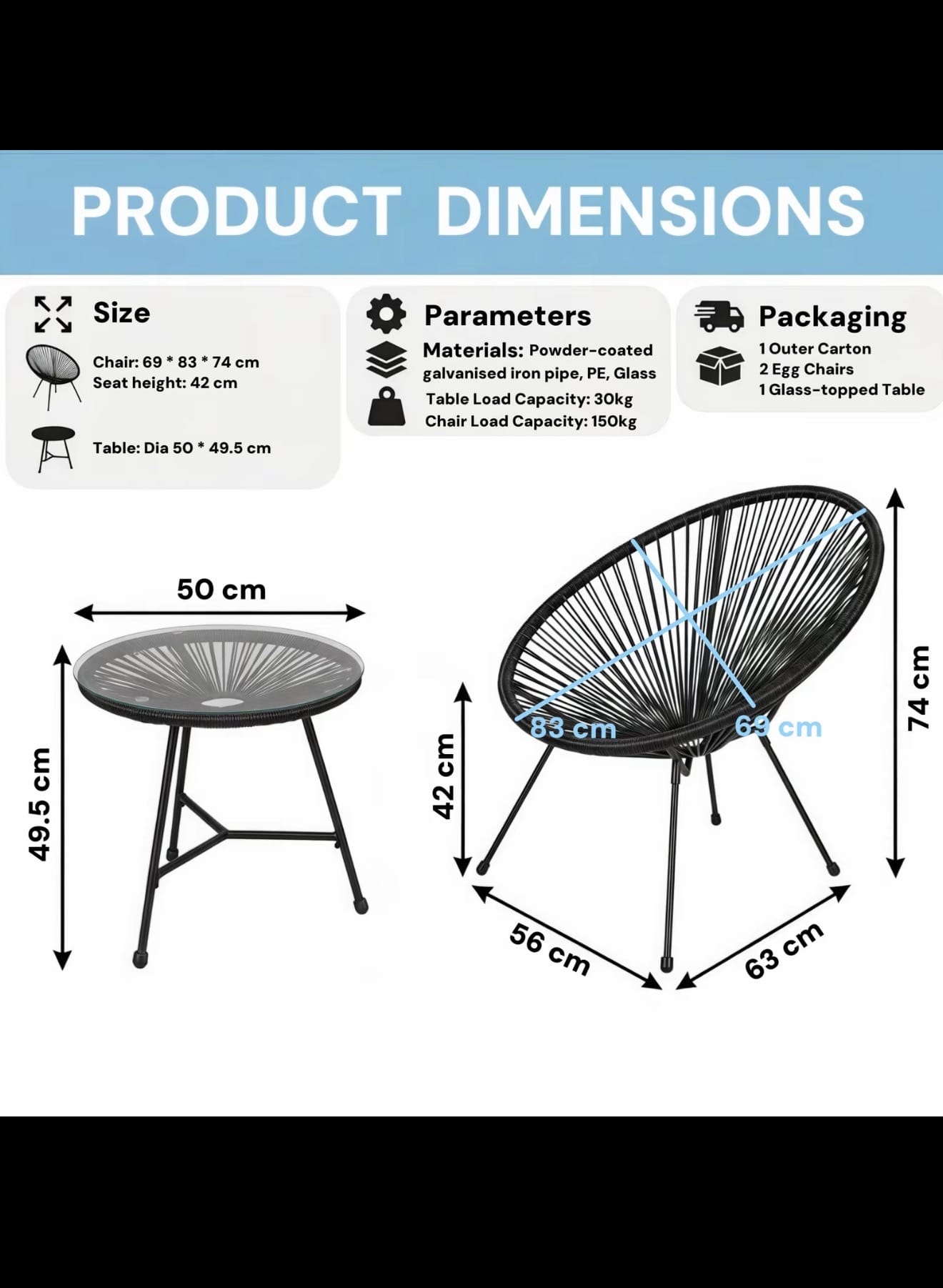 Alivio 2-Seater Acapulco-Style Bistro Set with Glass-Top Table — Black