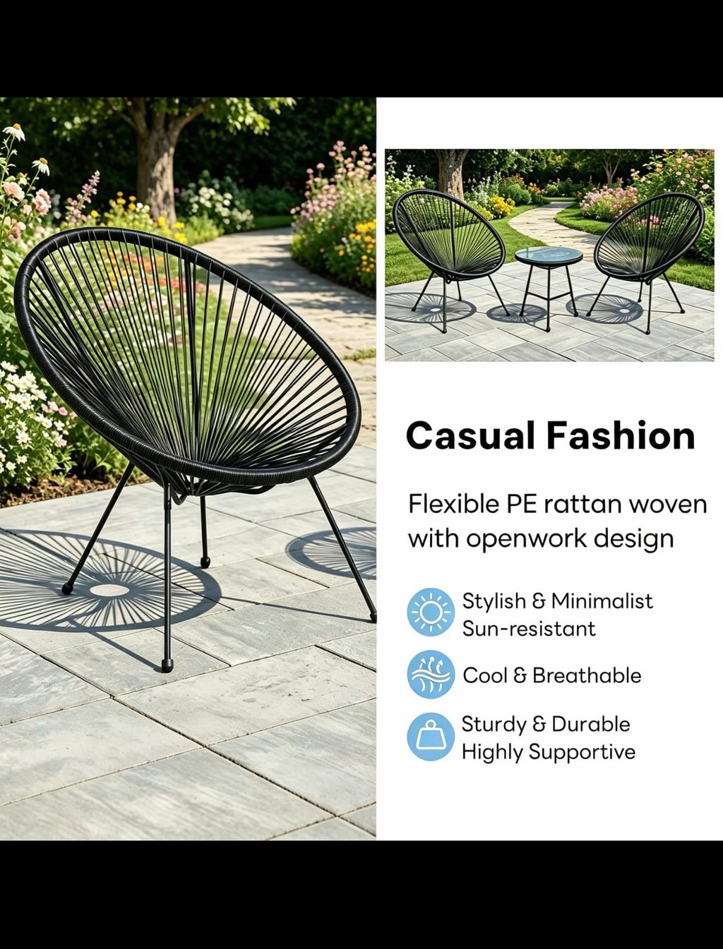 Alivio 2-Seater Acapulco-Style Bistro Set with Glass-Top Table — Black